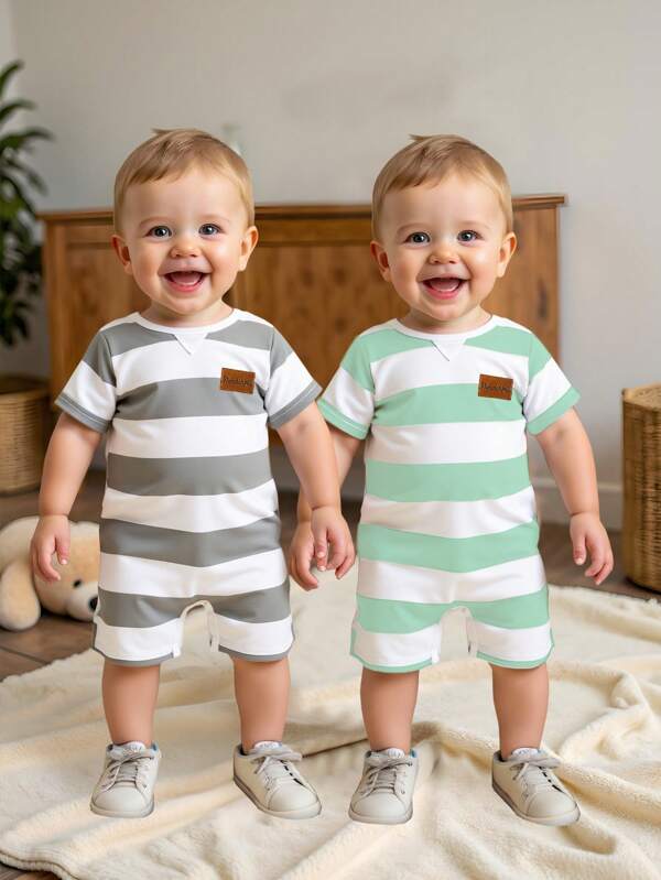 SHEIN 2pcs Newborn Baby Boys' Casual Gray & Blue Striped Comfortable Round Neck Short Sleeve Romper, Suitable For Daily Wear, Homewear, Sports, Summer Outfits Baby Unisex Clothes Baby Clothing Unisex Baby Clothes Unisex