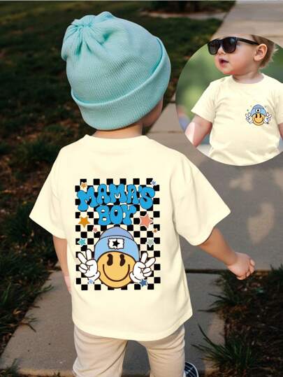 SHEIN Playful Pals Camiseta de manga corta y cuello redondo informal para niño pequeño con diseño de cara sonriente de dibujos animados, a cuadros en blanco y negro, y estampado gráfico de letras