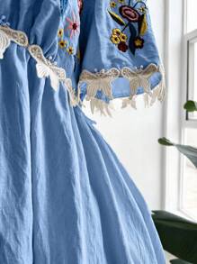 Flirla Plus Size Woven Elegant Casual Embroidered V-Neck Ruffle Hem Dress