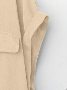 SHEIN LUNE 2pcs Plus Size Women Solid Color Knotted Shoulder Sleeve Shirt & Straight Leg Loose Pants Set, Summer - Khaki - View 3