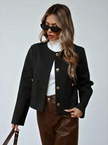 Aveloria Modichic Elegant Casual Commuter Short Round Collar Loose Large Pocket Metal Decoration Button Coat  Fall Winter Cloth For Women - Black - View 5