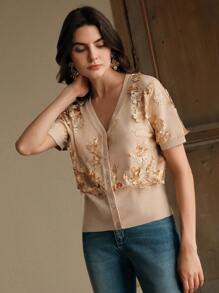 Anewsta 全新蕾丝刺绣3D花卉优雅现代浪漫短款针织开衫外套