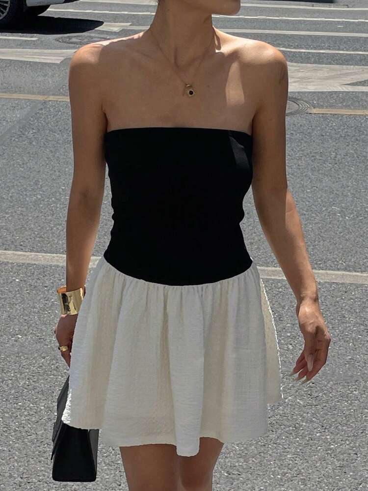Women's Summer Black & White Contrast Color Strapless Tie Waist Mini Dress
