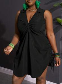 Slaydiva 优雅休闲通勤派对约会性感修身纯色锈红色无袖褶皱扭结腰带后腰抽绳连衣裙，大码，春夏款，女士吊带裙 - 黑色 - 查看 7