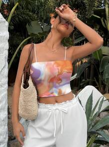 SV Pattern Studio Women's Marble Tie Dye Floral Printed Fitted Cami Tank Top For Summer - Pink - View 4