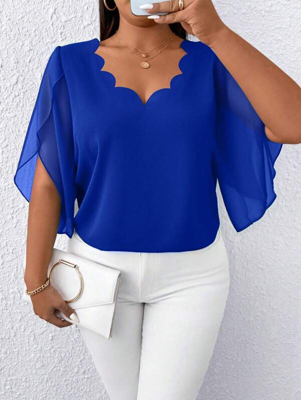 Elenzga Blouse femme grande taille casual en mousseline de soie avec col en dentelle et manches transparentes