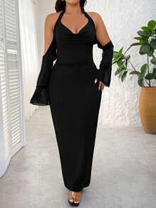 SHEIN PETITE CURVE Plus Size Women Solid Halter Backless Tied Strap Off Shoulder Elegant Maxi Dress Fall Cloth For Women - Black - View 5