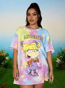 Nick 90s | SHEIN 大码休闲扎染卡通人物与字母印花短袖 T 恤，夏季