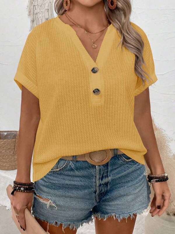 SHEIN VCAY CURVE New Plus Size Women Casual Loose V-Neck Button Short Sleeve T-Shirt