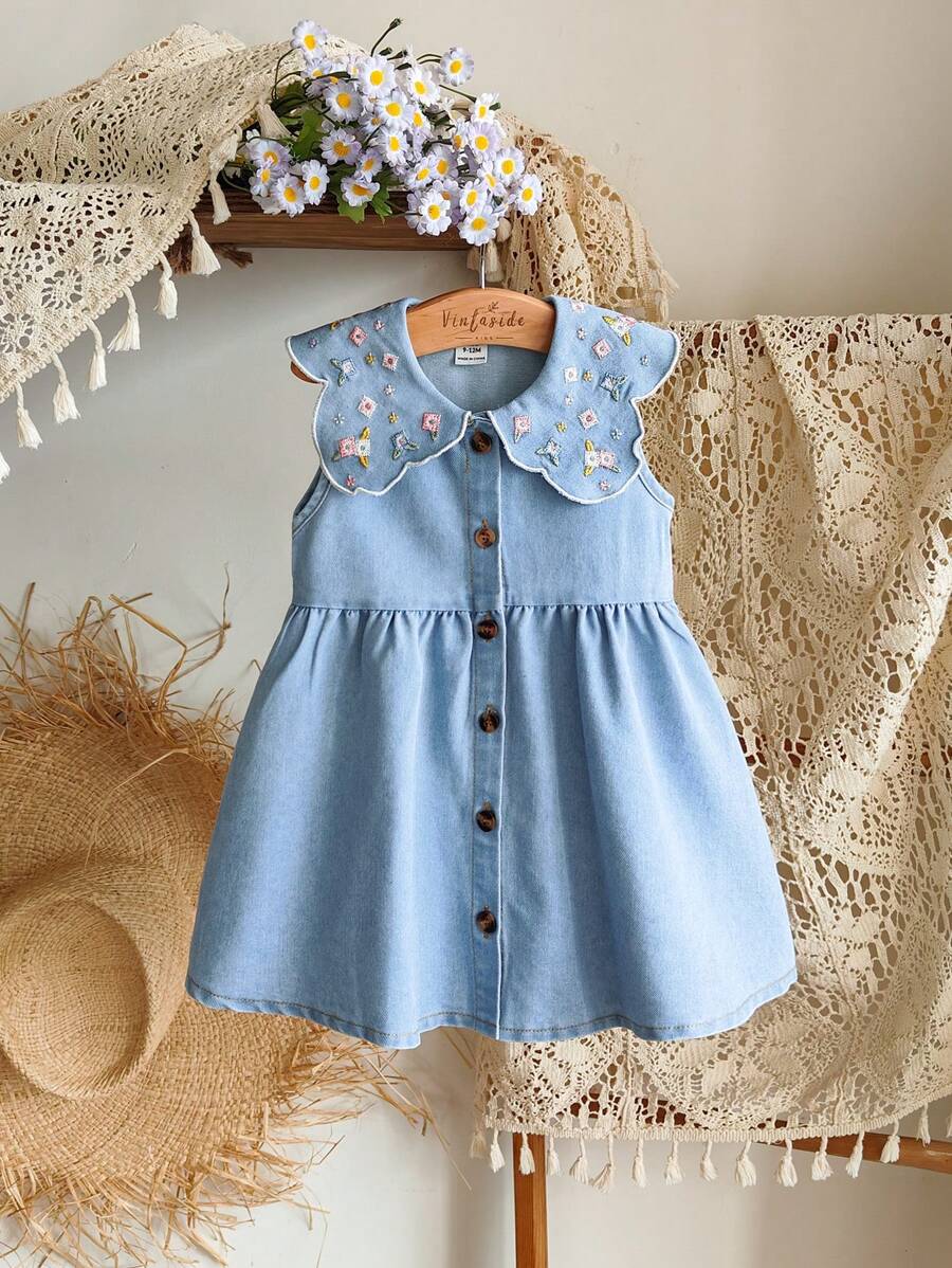 SHEIN Vintaside Kids Babygirl Infant/Toddler Girl Summer Fashionable Big Collar Real Denim Embroidered Dress, Suitable For Camping And Home Wear, Very Suitable For Summer Season Design, Both Practical And Stylish For Outdoor Or Home Leisure Time - Blue - View 1