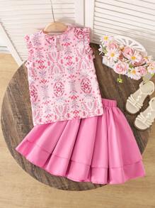 2pcs/Set Tween Girl Floral Print Frill Trim T-Shirt And Skater Skirt Set - Pink - View 3