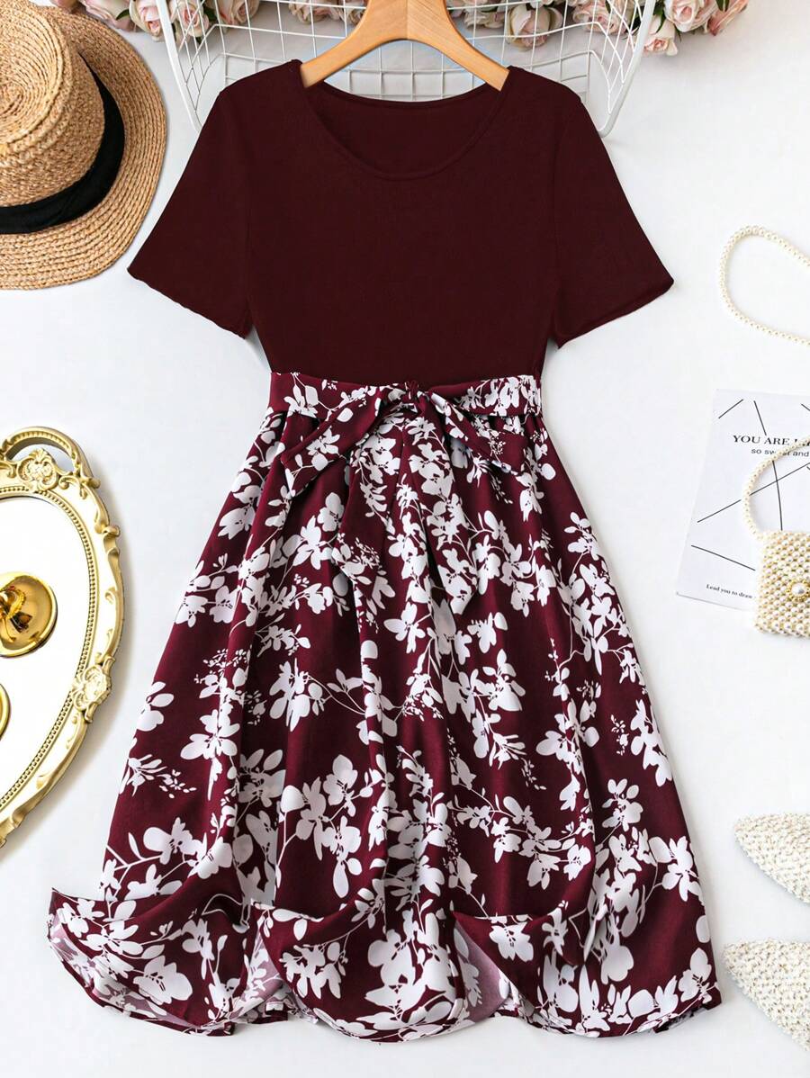 DreamSkyne Plus Size Summer Elegant Floral Print Patchwork Short Sleeve Dress