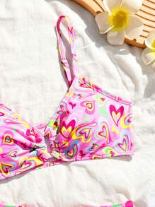 SHEIN Teen Girls' Heart Print Beach Bikini Set - Hot Pink - View 3