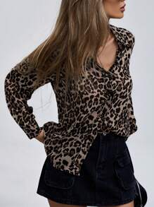 Aveloria Affinna Elegant Sheer Chiffon Long Sleeve Collared Button-Down Leopard Print Blouse Elegant Business Casual Women Button Up Shirt Women  Fall Cloth For Women