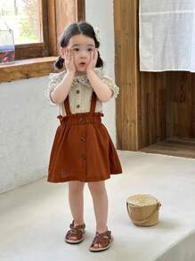 SHEIN Vintaside Kids Baby Girl Floral Embroidered Puff Sleeve Shirt And Suspender Skirt 2 Pieces Set - Multicolor - View 8