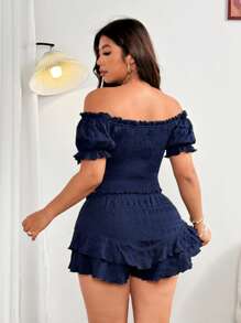 Sunnyshic Ensemble deux pièces grande taille, blouse épaules dénudées sexy avec nœud papillon et shorts, pour sortir, les vacances, la plage
