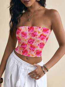 Livia Canto Studio Top casual de mujer corto y ajustado con bandeau, estampado de leopardo y floral, adecuado para el verano