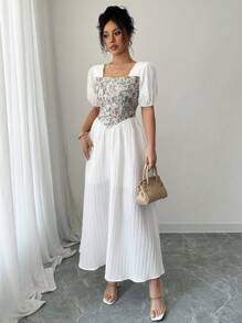 Rafferiza Floral Contrast Color Square Collar Casual Elegant Holiday Concert Western Ladies Spring/Summer Long Dress - White - View 3