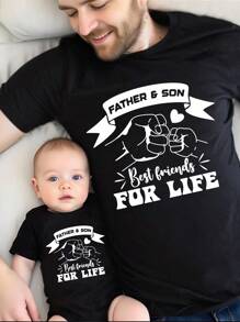 Daddy And Me Matching Outfits - Baby Boys Casual Creative Fist Bump Gesture Letter Slogan Graphic Print Round Neck Short Sleeve Bodysuit (2 Pieces Sold Separately) - Black - View 3