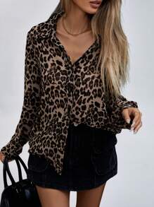 Aveloria Affinna Elegant Sheer Chiffon Long Sleeve Collared Button-Down Leopard Print Blouse Elegant Business Casual Women Button Up Shirt Women  Fall Cloth For Women