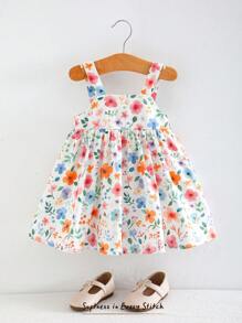 Cozy Pixies Baby Girl Floral Butterfly Pattern Color Block Bowknot Waist Dress - Multicolor - View 1