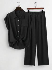 Linhara 大码女式纯色纽扣打结肩袖衬衫和直筒阔腿裤夏季两件套 - 黑色 - 查看 1