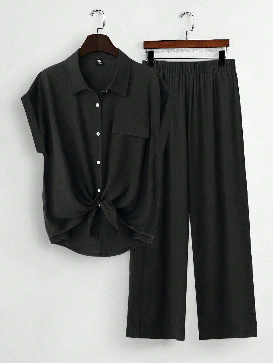 Linhara 大码女式纯色纽扣打结肩袖衬衫和直筒阔腿裤夏季两件套 - 黑色 - 查看 1