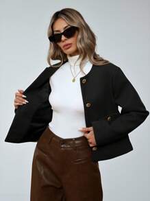 Aveloria Modichic Elegant Casual Commuter Short Round Collar Loose Large Pocket Metal Decoration Button Coat  Fall Winter Cloth For Women - Black - View 6