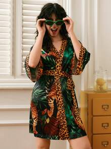 Chillnights Bata de mujer con estampado de leopardo y bloque de color, lujoso atuendo de estar en casa, otoño - Multicolor - Ver 4