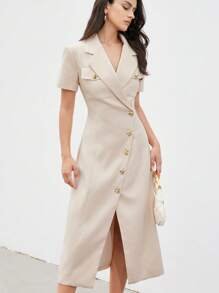 Femmeiva V-Neck Asymmetrical Petal Decorative Button Flap Pocket Waist Slit Short Sleeve Lining Elegant Vintage Chic Casual Dress For Women - Apricot - View 5