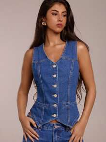 SHEIN Forever 21 Spring&Summer Women Romantic V Neck Seveless Denim Top For Prom/Formal/Birthday/90s/Business Casual Woman/Elegant/Western Wear/Going Out/Fashion/Casual/Y2k/Club/Office /Cocktail/Vintage/Bodycon/Rave Festival/Funny/Classy/Old Money/Streetwear/Vacation/Country Concert/Work /Modest/Spring Break/Bachelorette/Concert/Baddie/Basic/Graduation/Sleeveless/A Line/Blue/Cowgirl/ Denim Top - Blue - View 7