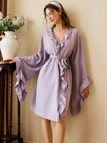 Côtesoire Southern French Style Elegant Ruffled Flare Sleeve Casual Women's Robe - Purple - View 6