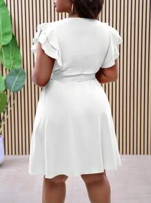 Slaydiva Plus Size Red Double Ruffle Wrap-Around Side Tie Waist A-Line Dress, Spring/Summer Resort,Sun Dresses For Women - White - View 2