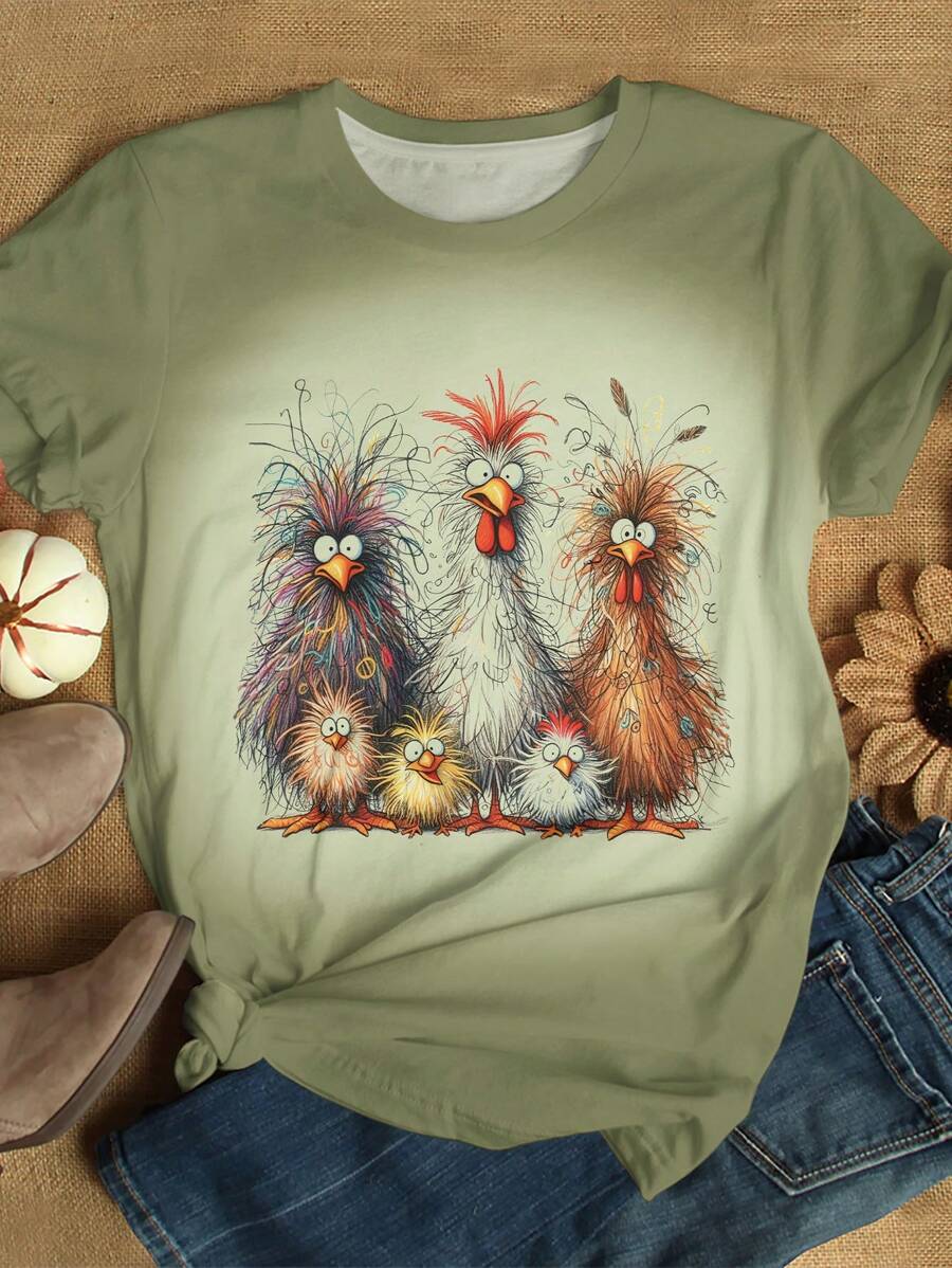 Cute Funny Chicken Family Art Print Casual Short Sleeve T-Shirt Graphic Tees Women Tops,Summer Going Out Tops - Multicolor - View 1