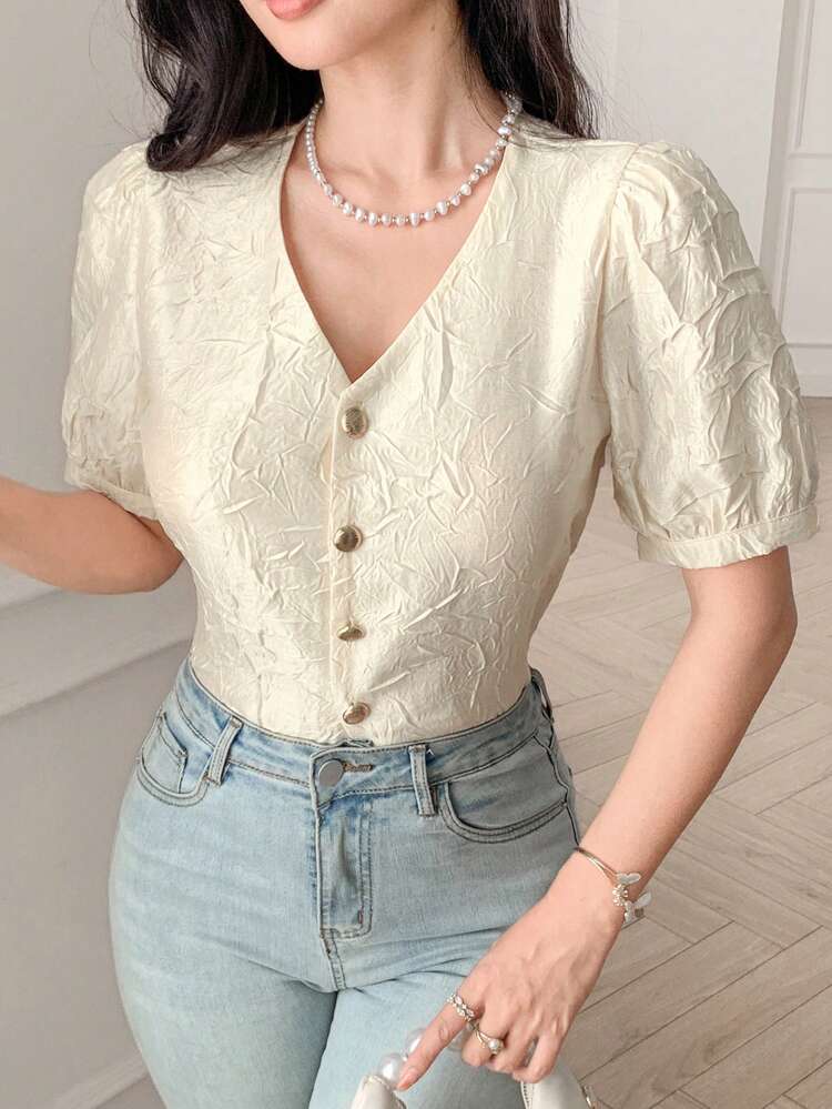 Elegant Solid Color Textured V-Neck Puff Sleeve Blouse For Women, Summer