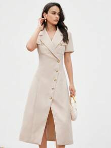 Femmeiva V-Neck Asymmetrical Petal Decorative Button Flap Pocket Waist Slit Short Sleeve Lining Elegant Vintage Chic Casual Dress For Women - Apricot - View 4