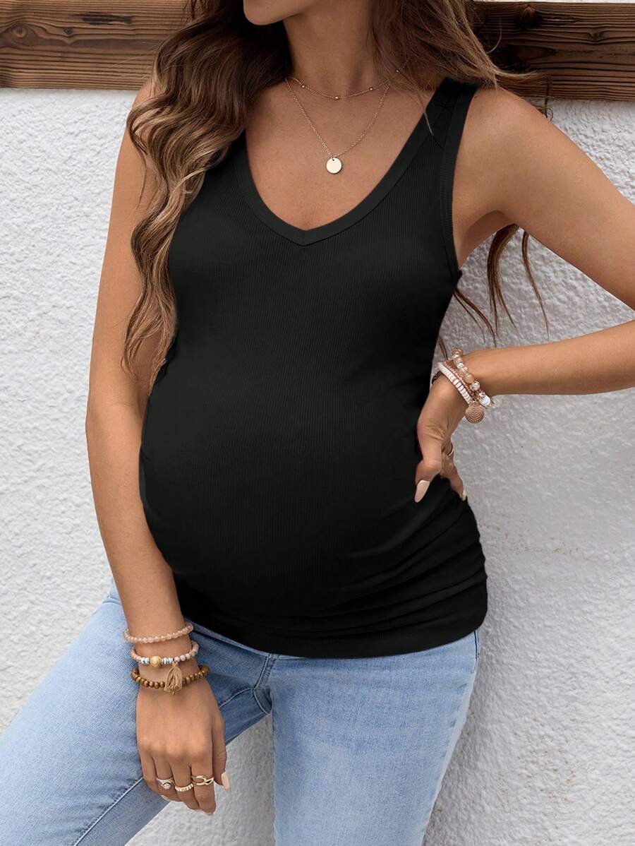 SHEIN Maternity Simple Solid Color Fitted Black Tank Top, Casual & Versatile - Black - View 1