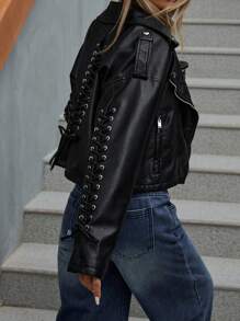 Aveloria Affinna Retro Punk Style Cropped PU Leather Moto Jacket With Straps, Cool Design  - Black - View 1