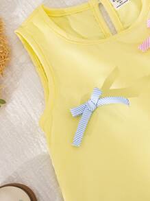 Vestido casual sin mangas de cuello redondo con parches y lazo para niñas, nuevo diseño para primavera y verano