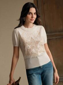 Anewsta Elegant, Casual, Easter, Festival, Vacation Outfits For Women, Vintage-Inspired Star Embroidery Chic Modern Short Sleeve Top, T-Shirt, Blouse For Spring & Summer Festival, Graduation
