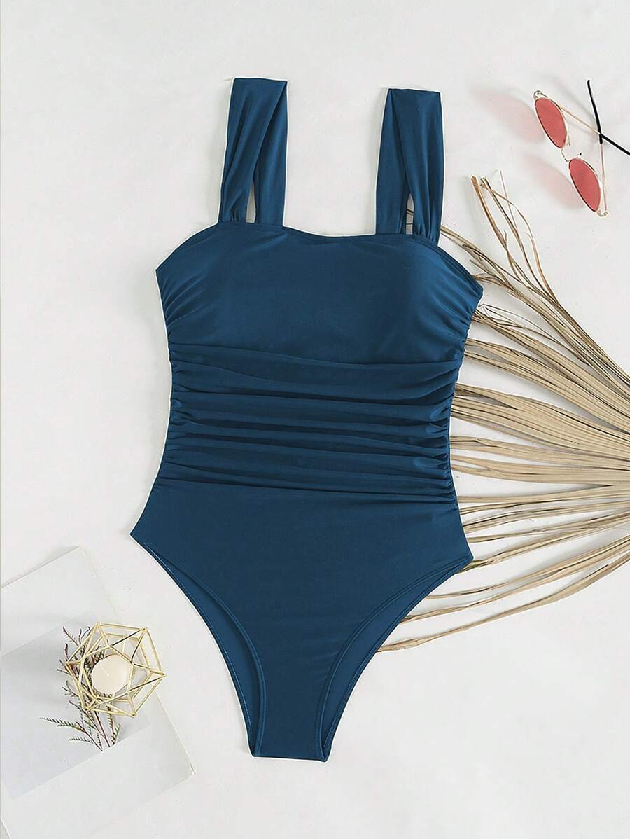 SHEIN Swim Lushore Đồ bơi một mảnh tối giản dây bèo nhún màu trơn Springbreak dành cho nữ, lễ hội Boho - Màu xanh hải quân - Xem 1