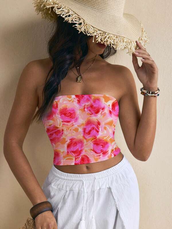 Livia Canto Studio Top casual de mujer corto y ajustado con bandeau, estampado de leopardo y floral, adecuado para el verano