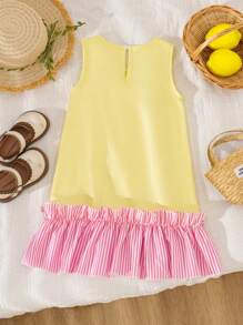 Vestido casual sin mangas de cuello redondo con parches y lazo para niñas, nuevo diseño para primavera y verano
