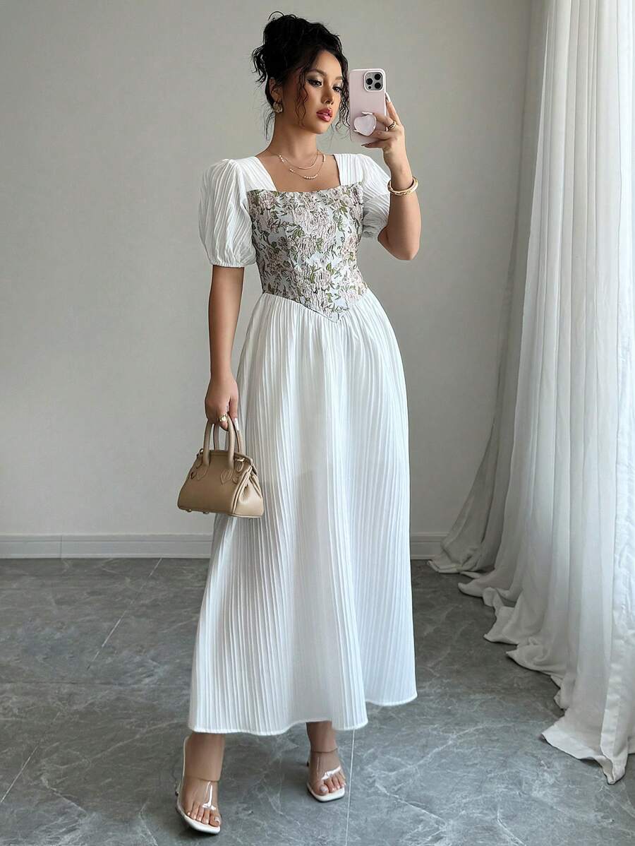 Rafferiza Floral Contrast Color Square Collar Casual Elegant Holiday Concert Western Ladies Spring/Summer Long Dress - White - View 1