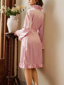 Elegant French Ruffle Pleated Loose Women's Robe, Lounge Wear Luxeloungewear - Pink - View 2