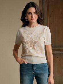 Anewsta Elegant, Casual, Easter, Festival, Vacation Outfits For Women, Vintage-Inspired Star Embroidery Chic Modern Short Sleeve Top, T-Shirt, Blouse For Spring & Summer Festival, Graduation