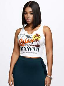 Slaydiva Summer Leisure Vacation U-Neck Hollowed Out Coconut Tree English Slogan Printed In The Front Truncated White Vest Tassel Dark Green Skirt Women's Two-Piece Set-H