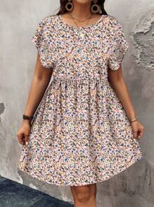 SHEIN LUNE 休闲复古图案宽松圆领短袖大码连衣裙，适合秋冬季 - 彩色 - 查看 2