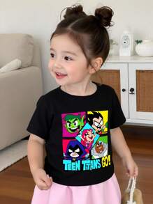 Teen Titans Go X SHEIN Girls Summer Casual Cartoon Plaid Pattern Cotton Short-Sleeved T-Shirt - Black - View 4