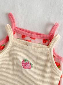 Loomiva 2pcs Baby Girl Strawberry Pattern Knitted Soft Camisole Top Set - Multicolor - View 3